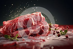 Raw meat, steak, beef, veal, pork. Raw sliced fresh red meat with white veins close-up lies on a table decorated with
