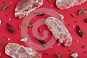 Raw meat steaks with spices on red background. Flat lay