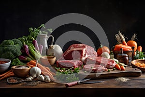 Raw meat vegetable food. Generate Ai