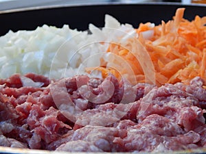 Raw meat and vegetable ingredients for the dish