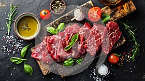 Raw meat with vegetables and herbs on a cutting board, AI