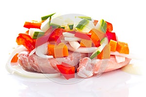 Raw meat, vegetables mix for teppanyaki isolated