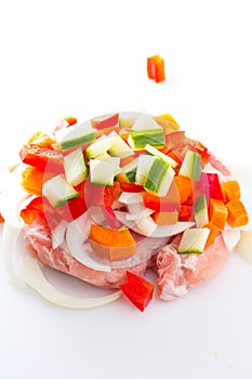 Raw meat, vegetables mix for teppanyaki isolated