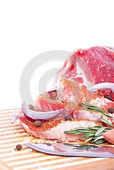 Raw meat, vegetables and spices isolated