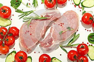 Raw meat, vegetables and spices on white background