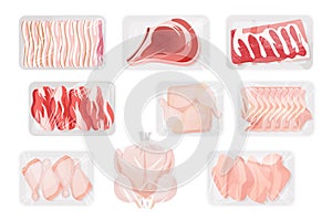 Raw meat in white plastic containers set, top view of chilled chicken and beef steaks