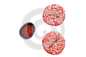 Raw minced beef meat cutlets, patty Isolated on white background. Top view.