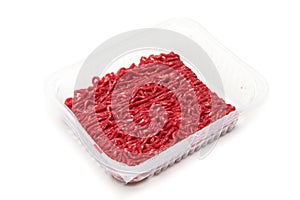 The raw minced beef meat in a plastic