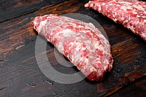 Raw Minced Meat Cutlets. Fresh Minced Beef Pork Steak Burgers, on old dark  wooden table background, with copy space for text