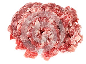 Raw minced meat isolated on white background. Chopped meat background.  fresh raw ground pork heap. Top view