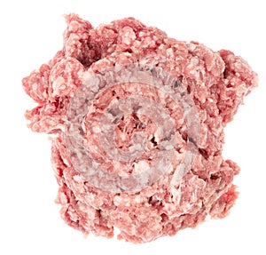 Raw minced meat isolated on white background. Chopped meat background.  fresh raw ground pork heap. Top view