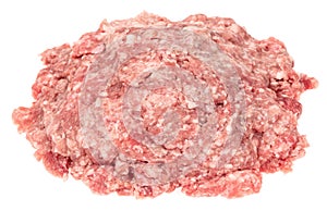Raw minced meat isolated on white background. Chopped meat background.  fresh raw ground pork heap. Top view