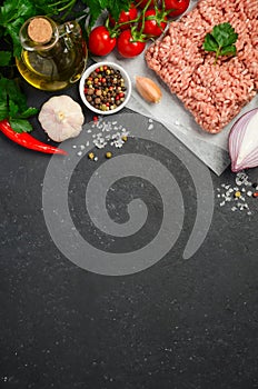 Raw minced meat on paper with fresh vegetables and spices on black background