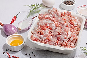 Raw minced meat, spices and herbs. Traditional ingredients for cooking cutlets or meatballs