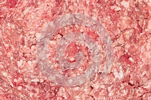 Raw minced meat texture background. Chopped meat background.  fresh raw ground pork heap. Top view