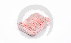 Raw minced meat in a transparent plastic container, isolated. A packshot photo for package design.