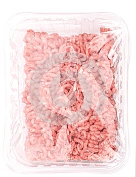 Raw minced meat in a transparent plastic container, isolated. A packshot photo for package design.