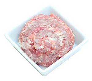 Raw minced pork in rectagle bowl