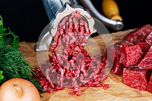 Raw Mincer with fresh minced beef meat