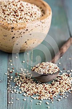 Raw mixed quinoa in wooden spoon closeup on rustic background. Selective focus.