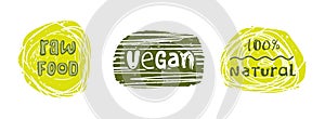 Raw natural vegan food logotypes. Every label is isolated