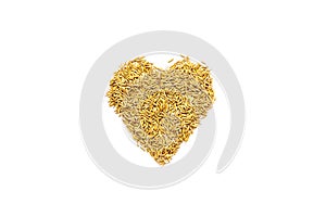 Raw oats in shape of heart on white background top view copy space