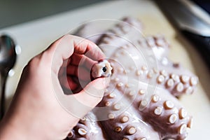 Raw octopus on a cutting board, showing the beak