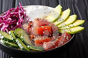 Raw Organic Ahi Tuna Poke Bowl with Rice and Veggies close-up. H