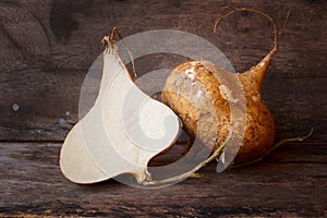 Raw Organic Brown Jicama or yam-bean.