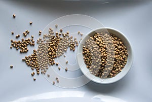 Raw organic Buckwheat in ceramic bowl on white plate