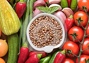 Raw Organic buckwheat and vegetables