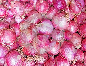 Raw organic dry red onions top view closeup