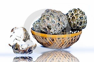 Raw organic fresh custard apple or sweet apple or sweetsop isolated on white in a basket or hamper with its reflection also.