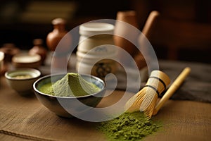 Raw Organic Green Matcha Tea in a Bowl, AI Generated