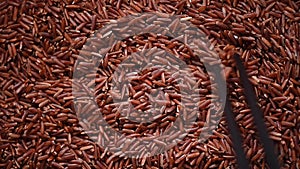 Raw organic rice berry, brown rice mixed texture on rotating background. Food ingredient concept. Top view, healthy