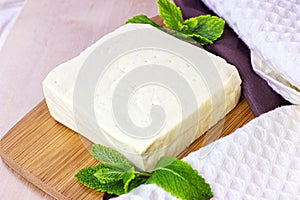 Raw organic vegetarian tofu slices with fresh mint on wooden background.