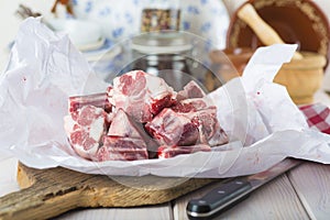 Raw oxtail on the table of the kitchen