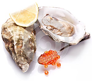 Raw oyster,lemon and red caviar on a whte background.