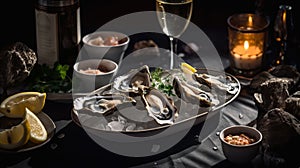 Raw oysters served in a french restaurant with lemon slices, wine, baguette and butter