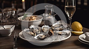 Raw oysters served in a french restaurant with lemon slices, wine, baguette and butter