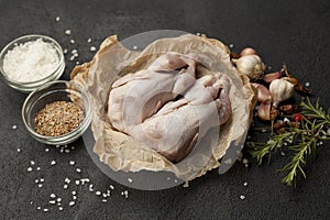 Raw partridge meat on kitchen, cooking gourmet wild bird. Healthy diet recipe