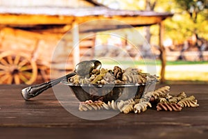 Raw pasta fusilli with cart