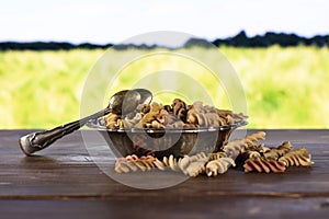 Raw pasta fusilli with field behind