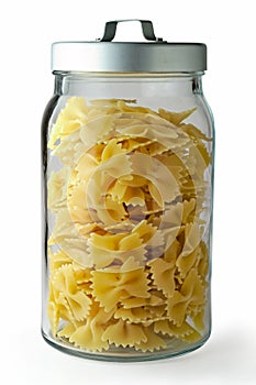 Raw pasta in glass jar