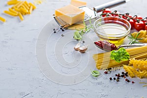 Raw pasta ingredients background
