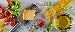 Raw pasta ingredients background