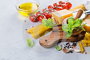 Raw pasta ingredients background