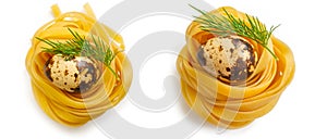Raw pasta, quail egg isolated white background cuisine