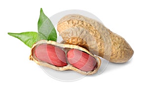 Raw peanuts and leaves on white background