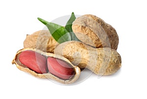 Raw peanuts and leaves on white background.